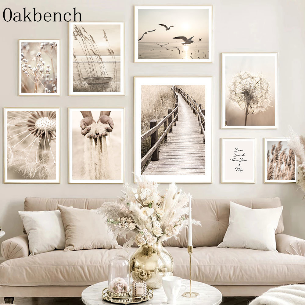 Sand Art Picture - Beige Landscape Wall Art Reed Dandelion