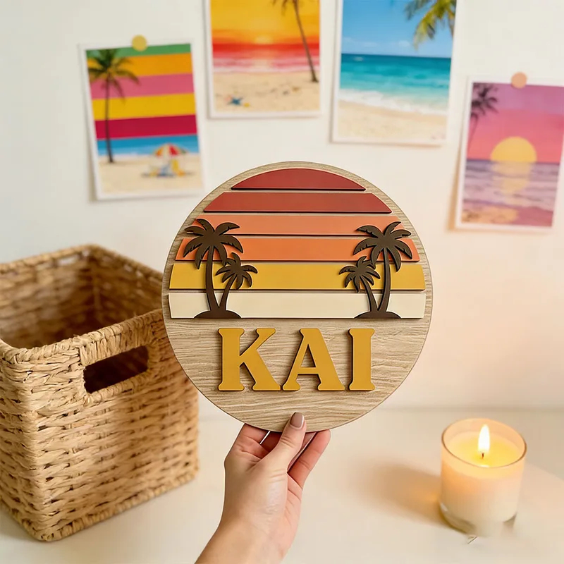 Home Decor Tree - Customizable Round Vintage Beach Sunset Palm